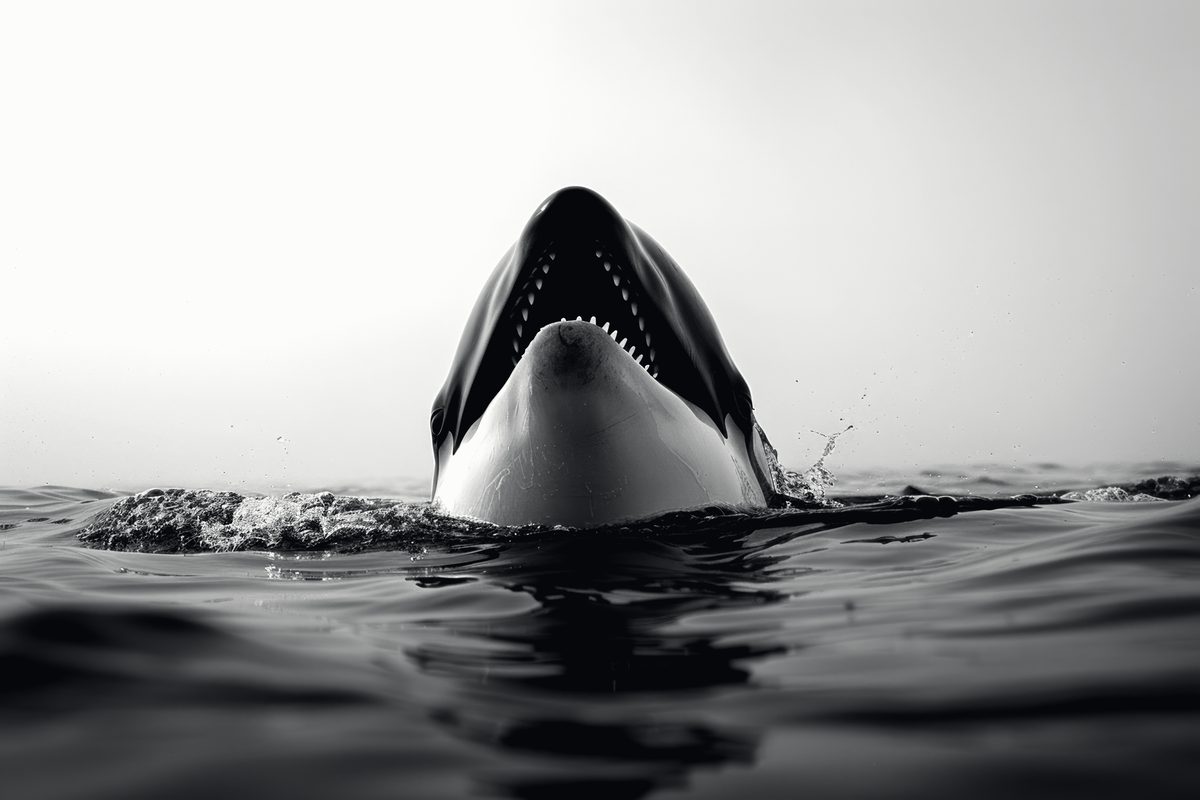 An orca rising through the surface with its jaws open